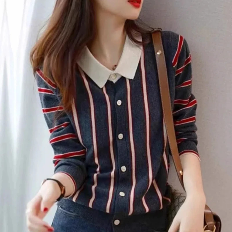 Spring Autumn Fashion Turn-down Collar Long Sleeve Striped Cardigan Women\'s Clothing Patchwork Loose Button Knitting Chic Tops