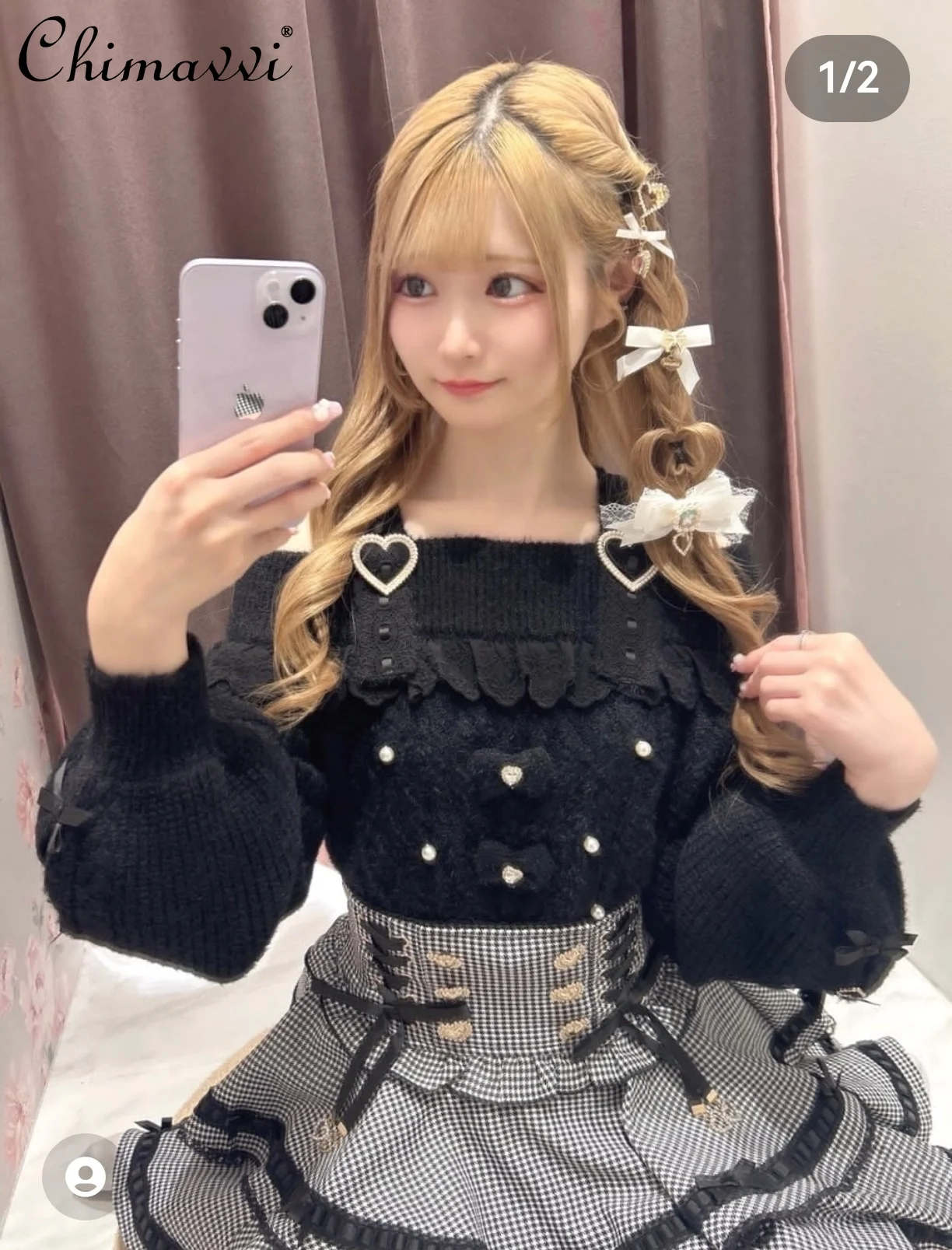 

Autumn Winter Sweet Girl Japanese Classic Fluffy Heart Button Bow Knitted Sweater Cute Long Sleeve Elegant Lolita Sweater Top