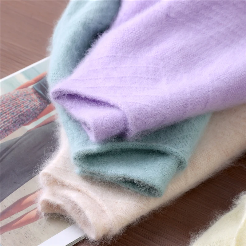 

Autumn Winter Women's 100% Mink Cashmere Pullovers Long Sleeve Curled Collar Sweater Soft Warm Pure Color Jumper Female Clothes