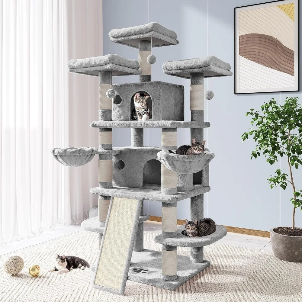 68-Inch Multi-Level Cat Tree House with Condo, Scratching Posts, and Towers for Large Cats - Light Grey