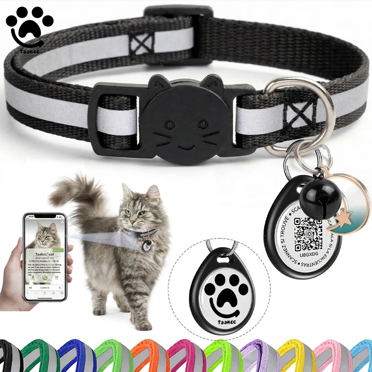 Reflective Breakaway Cat Collars with Anti-loss QR Name Tag, Kitten Collar with Bell,  Real-time Scan Alerts, Record Pet Profile