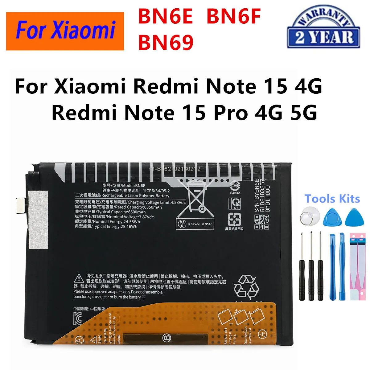 Bateria de Substituição Nova BN6F BN6E BN69 para Xiaomi Redmi Note 15 Pro 4G 5G e Redmi Note 15 4G + Ferramentas