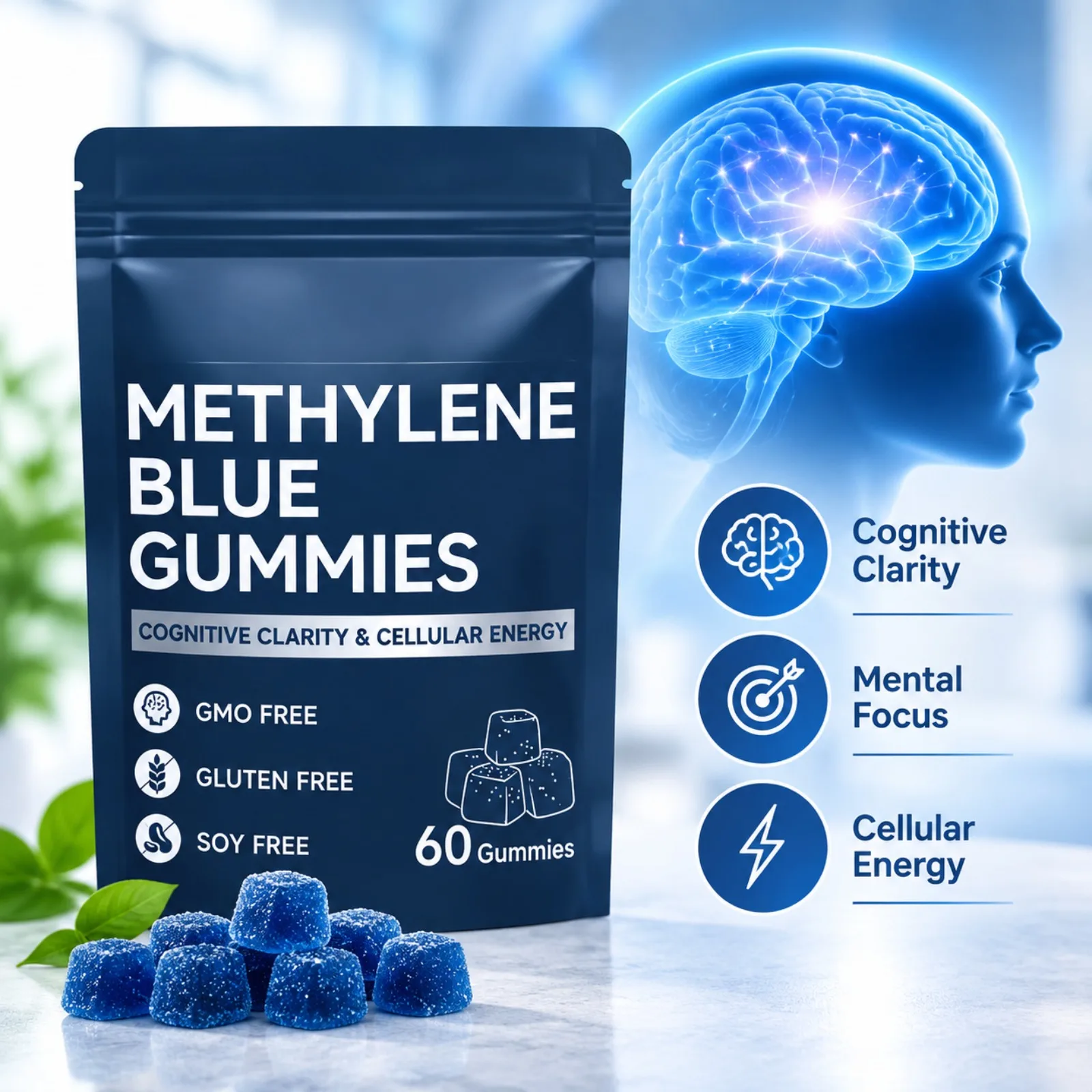 Methylene Blue Gummies for Cognitive Clarity Mental Focus Cellular Energy Support, 5mg 99.9% Pure Sugar Free Nootropic, 60 Ct