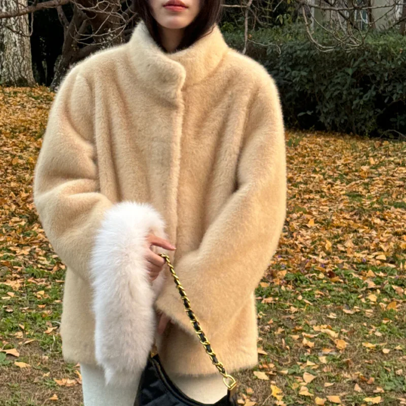 HKSH Winter New Women Faux Fur Coat Elegant Stand Collar Single Breasted Pocket Luxury Fashion Versatile Ins Warm Jacket HK17525
