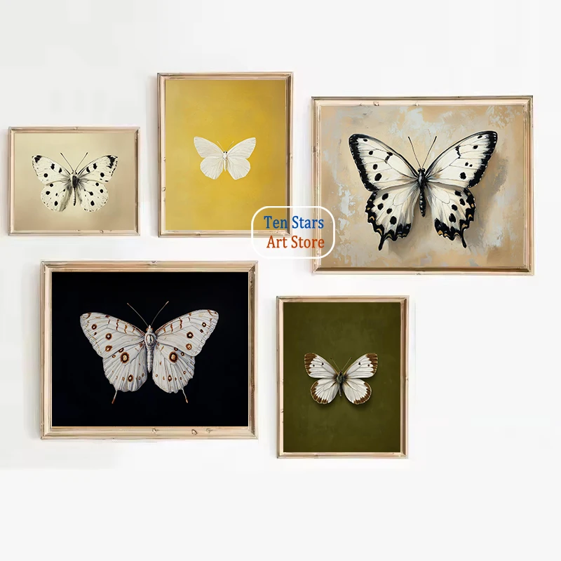 Antique White Butterfly Moody Insect Wall Art Vintage Moth Painting Poster Canvas Painting Wall Pictures Cottagecore Fall Decor