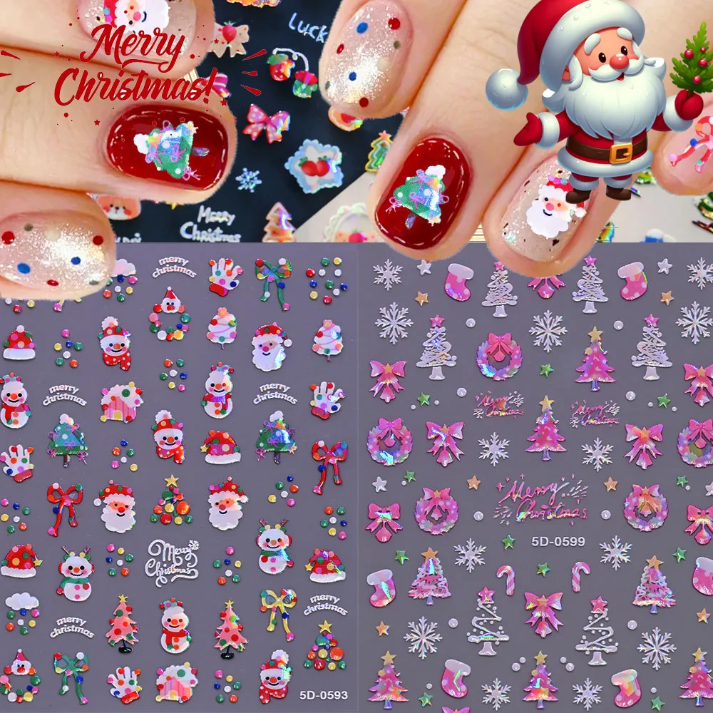 5D أورورا عيد الميلاد الكرتون سانتا كلوز/جرس/الدب مسمار ملصقات-1 قطعة Kawaiii الوردي الأحمر عيد الميلاد ندفة الثلج ملصق مائي ذاتية اللصق المنزلق