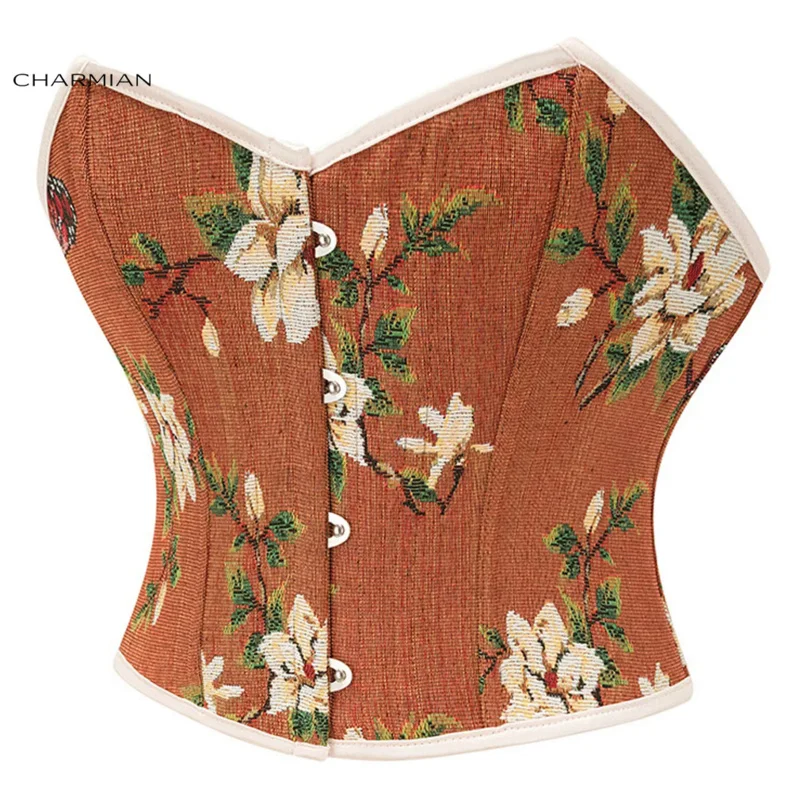 Charmian Corset Crop Top Women's Fashion Renaissance Vintage Strapless Floral Short Torso Boned Bustier Waist Cincher Corset