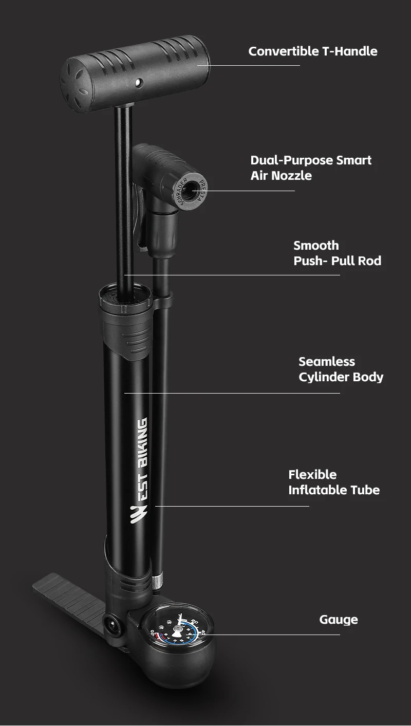 WEST BIKING Fahrradpumpe aus Aluminiumlegierung, 120 PSI, tragbare Hochdruck-Handpumpe mit Manometer, Doppelventil für Fahrrad und Motorrad – Detail 4