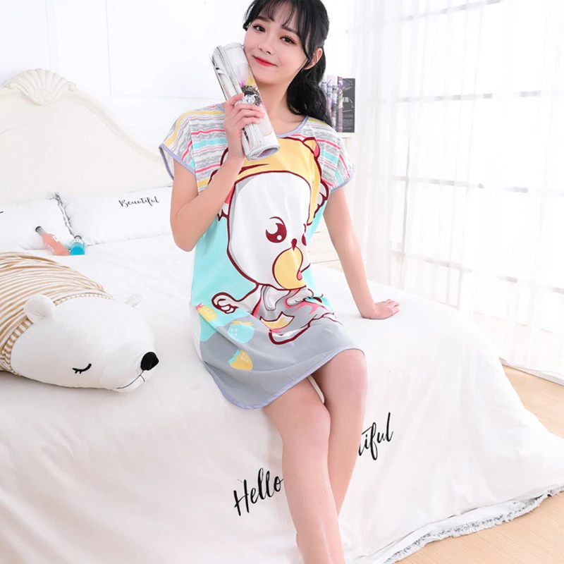 Women Printed Cartoon Sexy Sleepwear Round Neck Lingerie Cute Nightdress One Piece Thin Summer Female Pajamas Nighty Home Wear