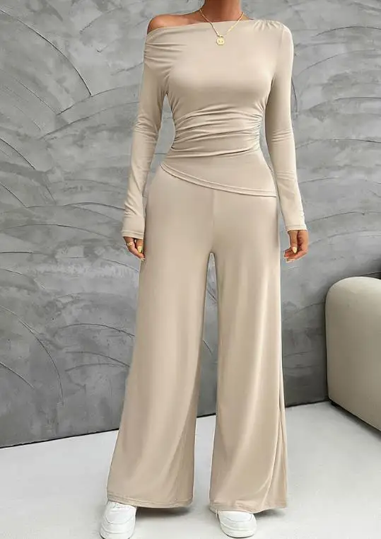 Two Piece Set Women Outfit 2026 Spring Autumn Versatile Diagonal Collar Long Sleeve T-Shirt & High Waist Wide Leg Pants Set