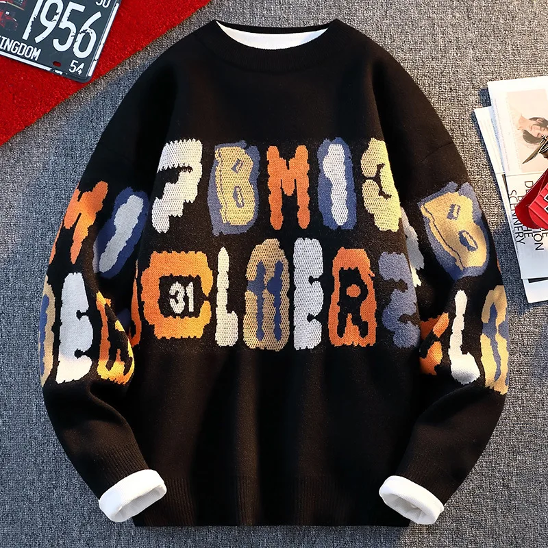 

Новые модные мужские пуловеры с принтом, зимние свитера, верхняя одежда, свободные повседневные вязаные свитера, мужские пуловеры с круглым вырезом, пальто, размер 4