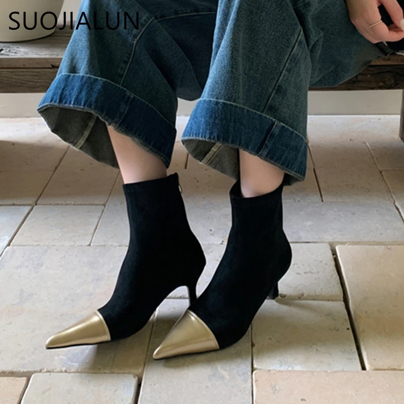 SUOJIALUN Winter New Brand Women Ankle Boots Fashion Pointed Toe Ladies Elegant Short Boots Shoes Thin High Heel Ladies Chelsea