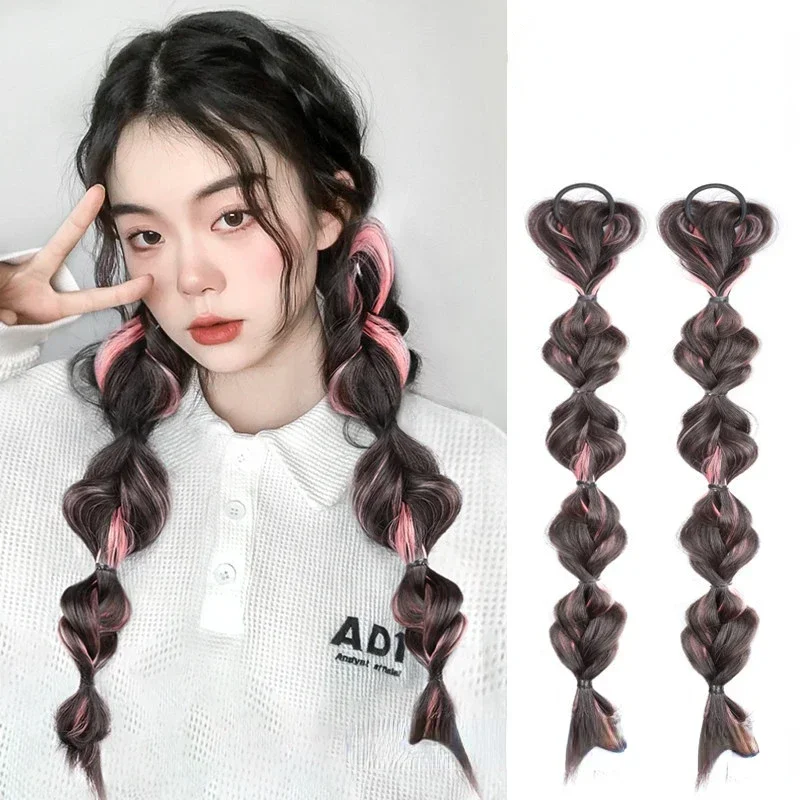 2 Pcs/set Synthetic Bubble Twist Ponytail High Elastic Wig Women Hair Side Natural Lantern Wig Braid Black Hous Tail Hairpiece