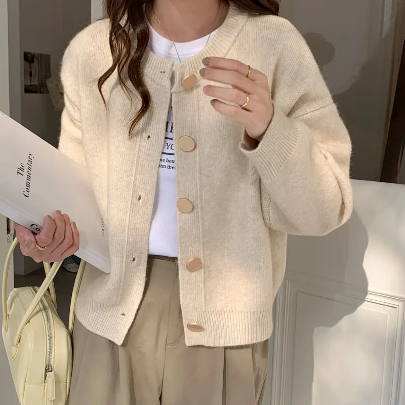 Office Lady Knitting Cardigan Women Autumn Winter Casual O-neck Solid Color Sweater Coat Fashion All-match Trend Knitwear Tops