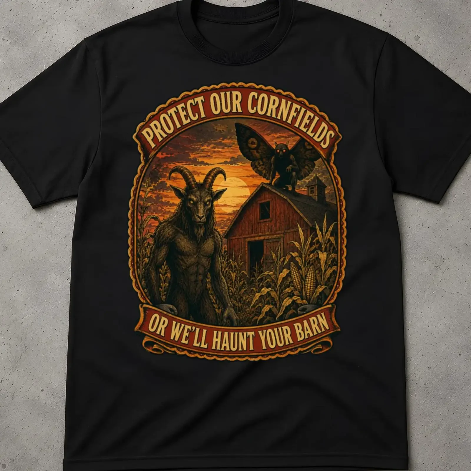 Protect Our Cornfields Goatman Mothman Midwest Cryptid T Shirt Farm Folklore Barn Monster Rural Legend  vintage Washed