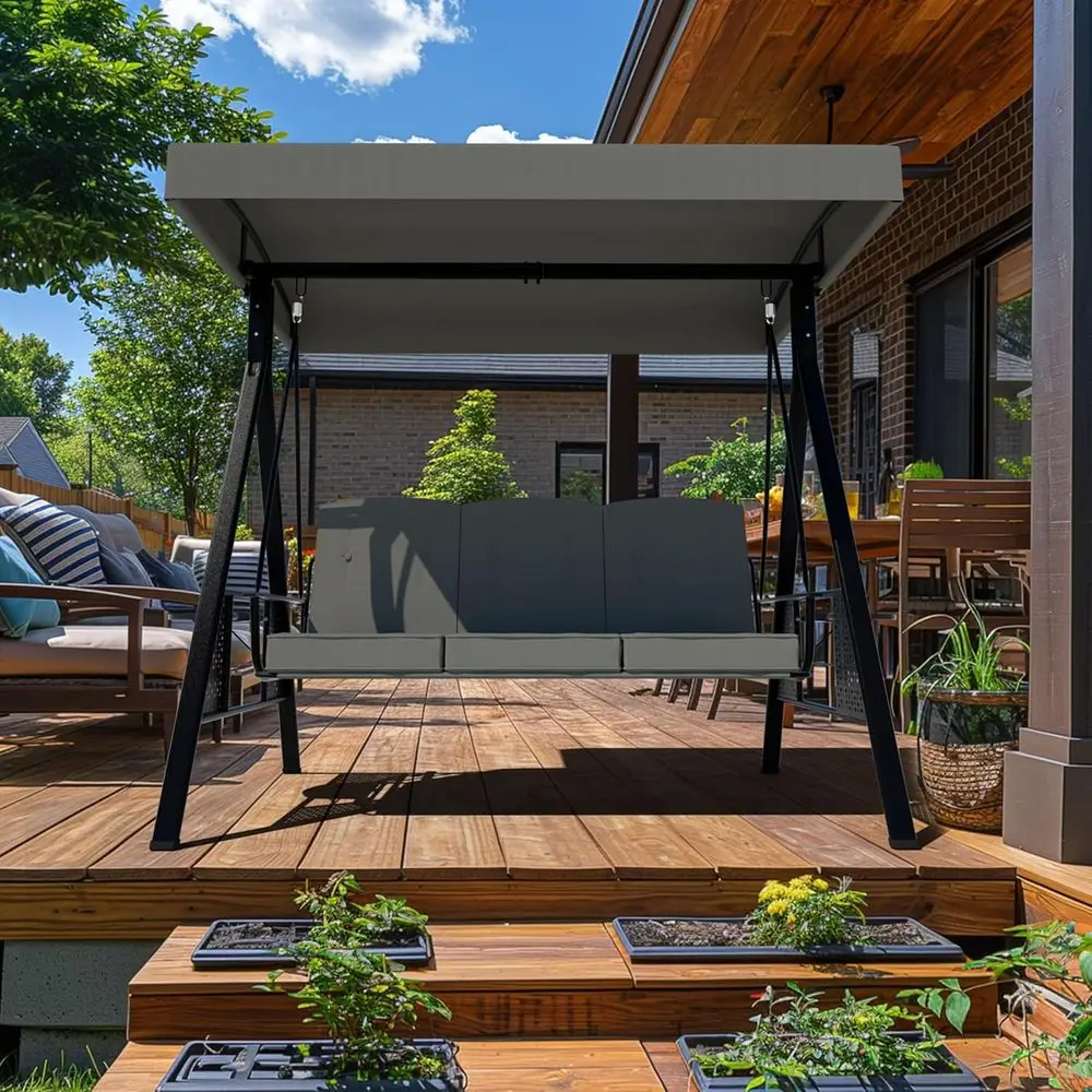 

3-Person Outdoor Swing Chair with Stand, Cushion, and Grey Finish for Patio, Deck, or Backyard