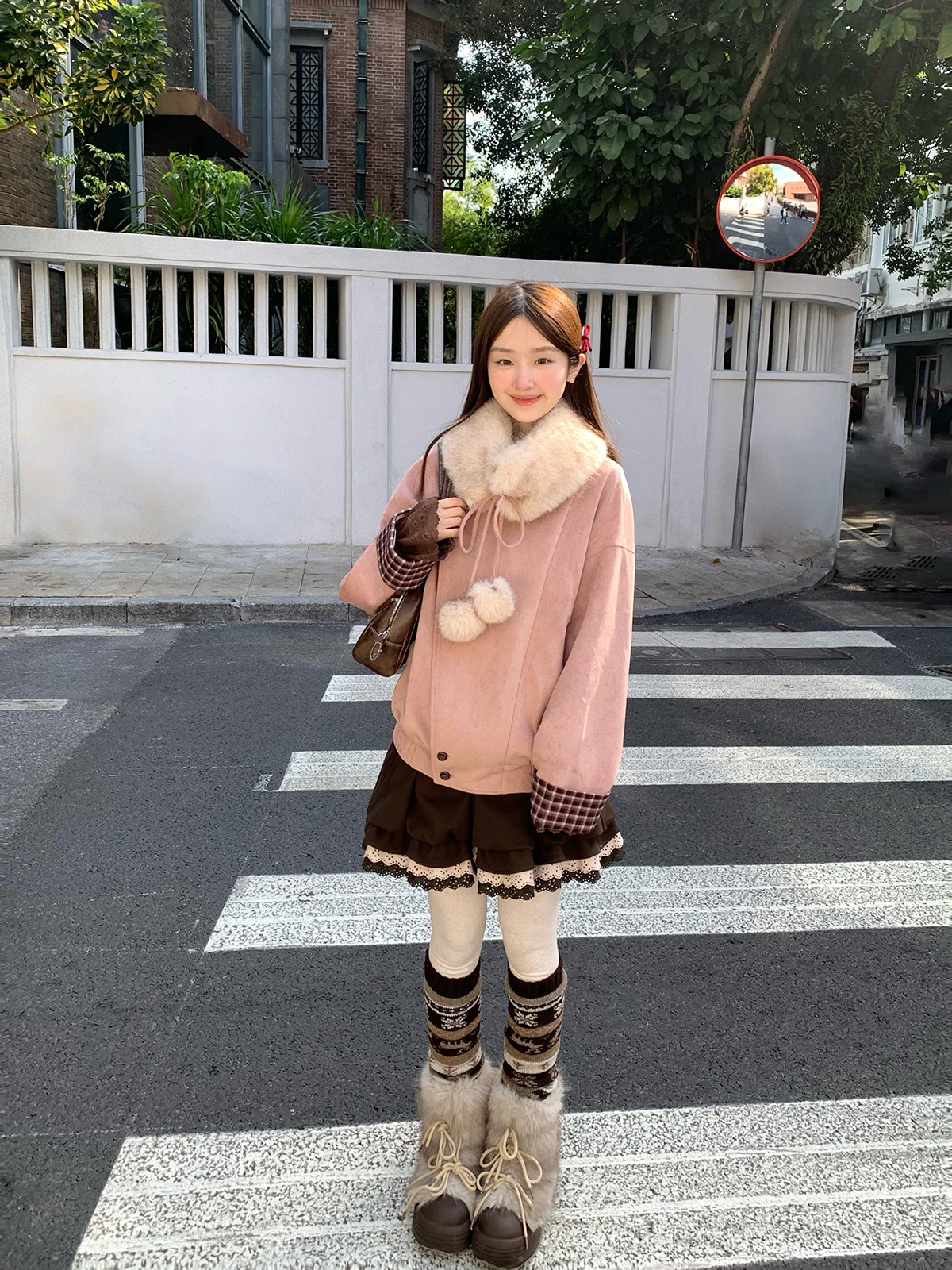 

Пальто-кардиган из полиэстера с меховой отделкой, светло-розовое, повседневное, для работы, с отворотами в клетку, весна