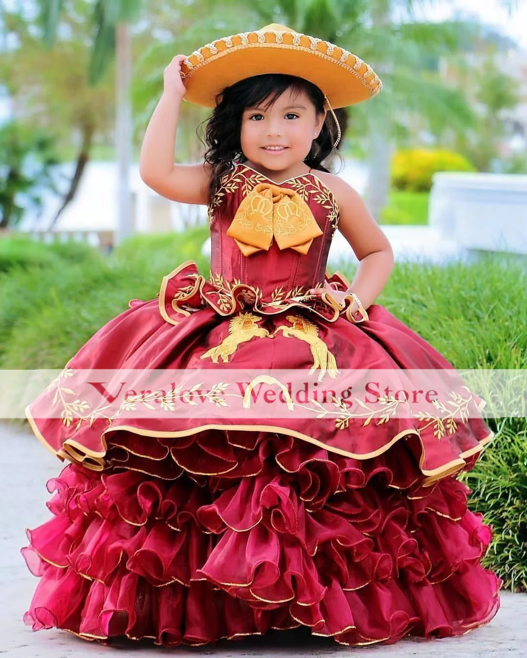 Robe de bal rouge brodée Charro pour petites filles, robe de bal de concours pour enfants, Corset à volants en Organza