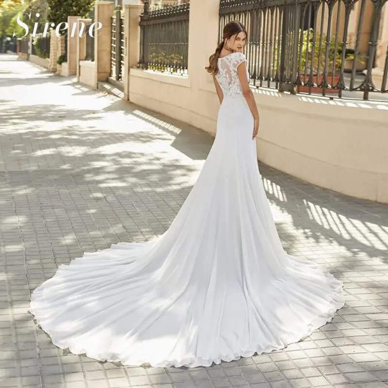 Elegant Mermaid Wedding Dress 2024 White Cap Sleeve Lace O-Neck Chiffon Illusion Pleat Bridal Gown Sweep Train Vestidos De Novia