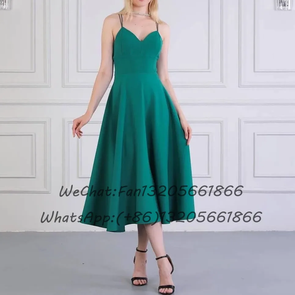 Sexy Criss-cross Backless Prom Dresses Tea Length A-line Elegant Women Wedding Guest Gown Spaghetti Straps Evening Dress