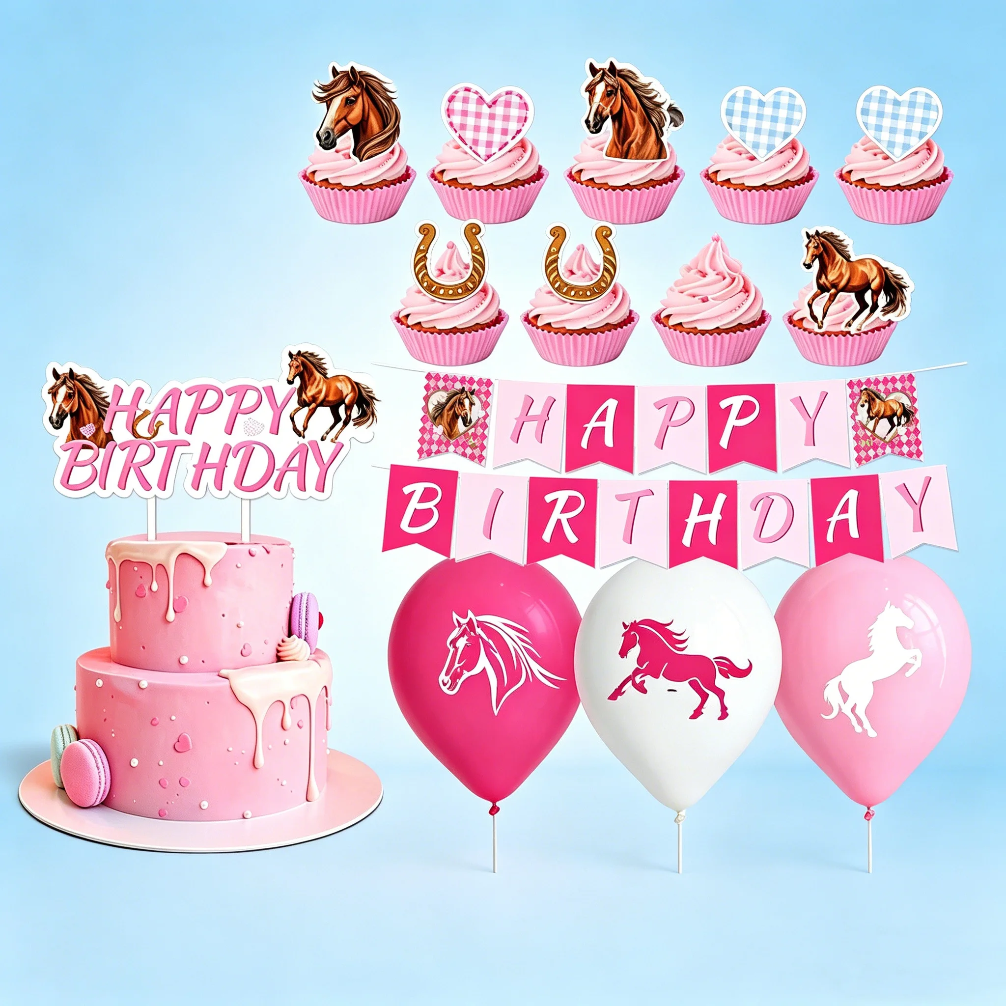 

Pink Rodeo Horse Party Decor Kit Western Cowboy Birthday Banner Balloon Garland Cake Topper Set Themed Party Supplies