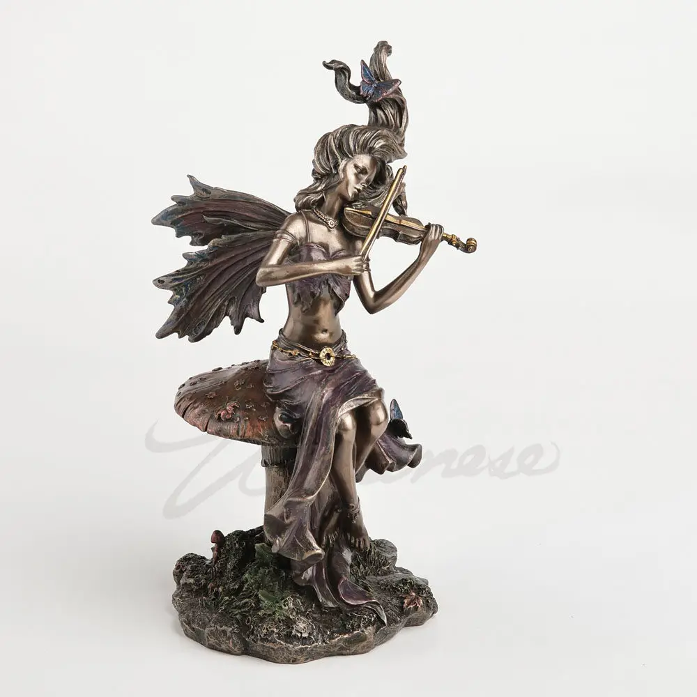Fairy Playing Violin Statue Cold Cast Bronze Finish Resin Figurine Elf Sculpture on Mushroom Base Home Decorative Ornament Gift