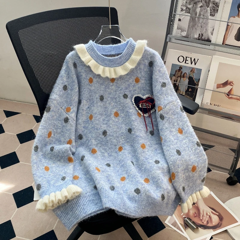 Sweet Fungus Polka Dot Jacquard Knitwear Pullover New Loose Lazy Pull Femme Slim Knit Lovely All-match Casual Moda Mujer