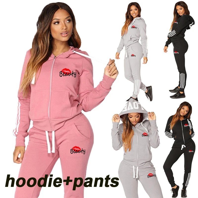 Women\'s striped printed zippered hooded sweatshirt and pants set sportswear Women\'s two-piece jogging sportswear