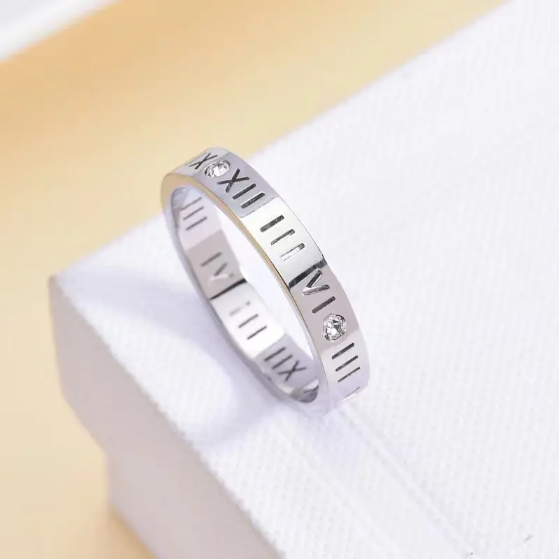 Individuation Trendy Roman Numerals Women'S Stainless Steel Colorfast Jewelry Rose Gold Dating  Zircon Ring Couples Matching