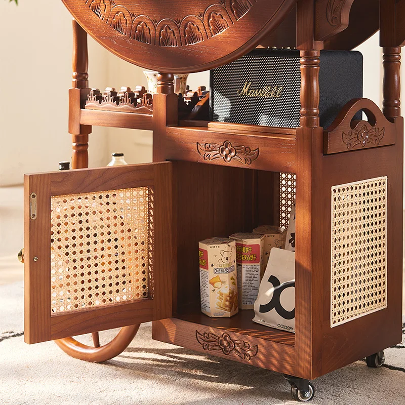

French solid wood wine rack car American retro movable cart coffee table Chinese antique folding desktop home small tea cart