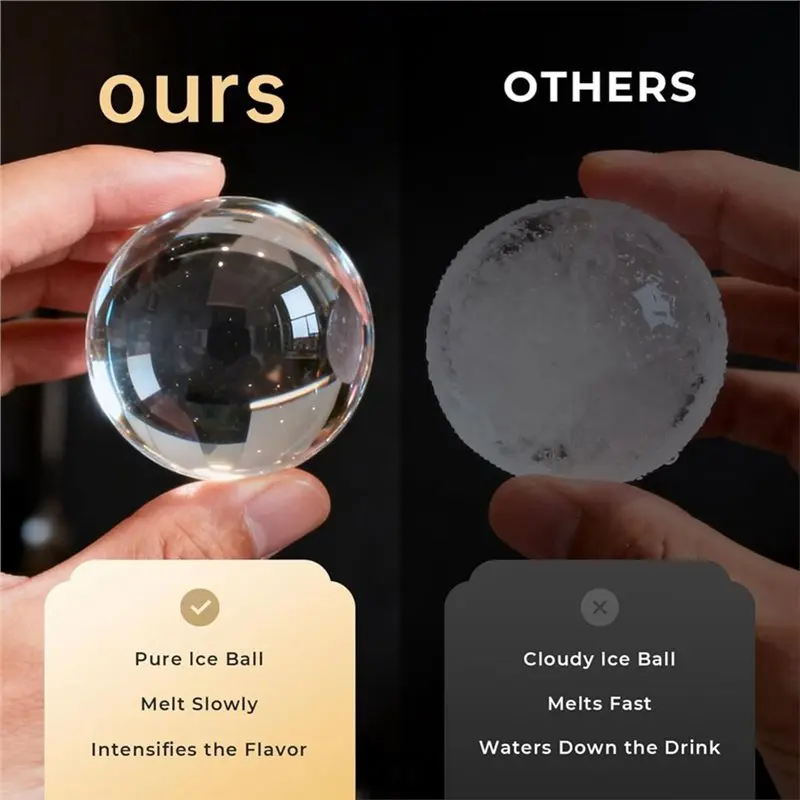 ABMS-Easy-Release Silicone Ice Cube Tray(2 Inch), 8 Whiskey Ice Cubes Mold, Clear Ice Cube Maker, Sphere Ice Maker