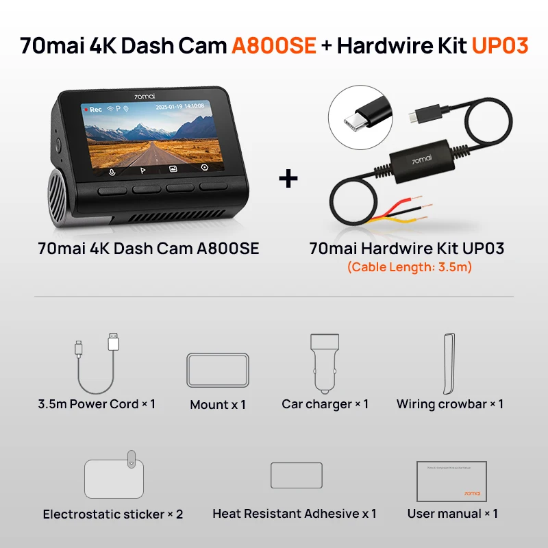 70mai A800SE 4K Car DVR Support Rear or Interior Cam 24H Parking