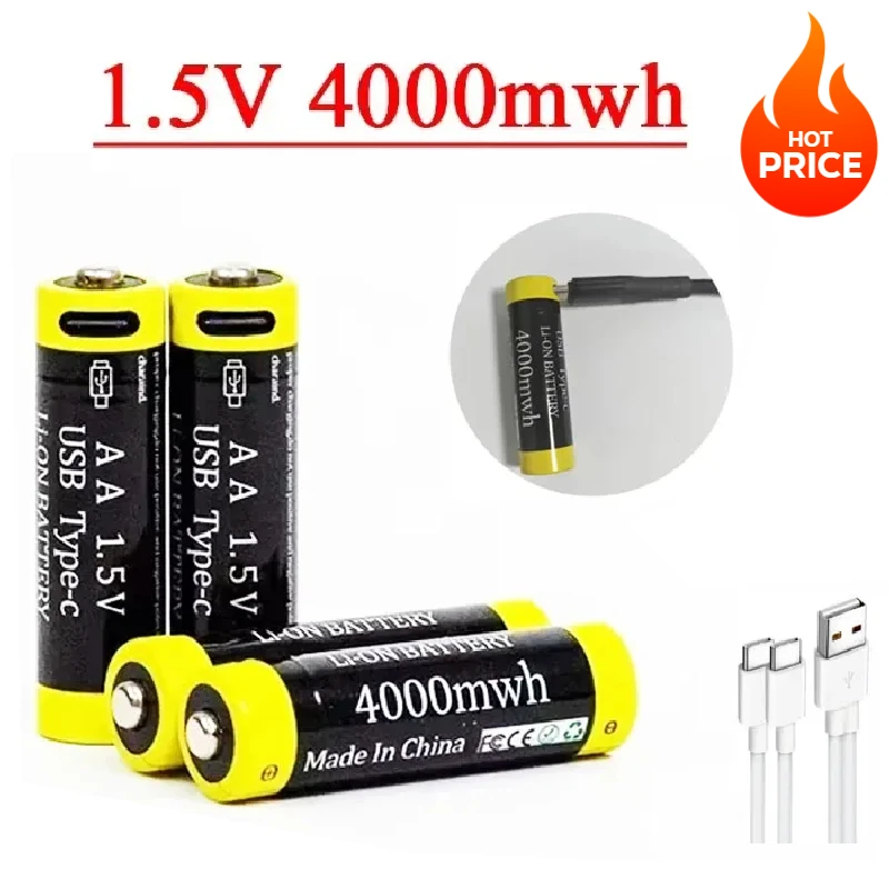 4000mWh 1.5V AA Battery Rechargeable Li-ion Battery for Mouse Remote Control Small Fan Electric Toy Batteries USB Type-C Cable