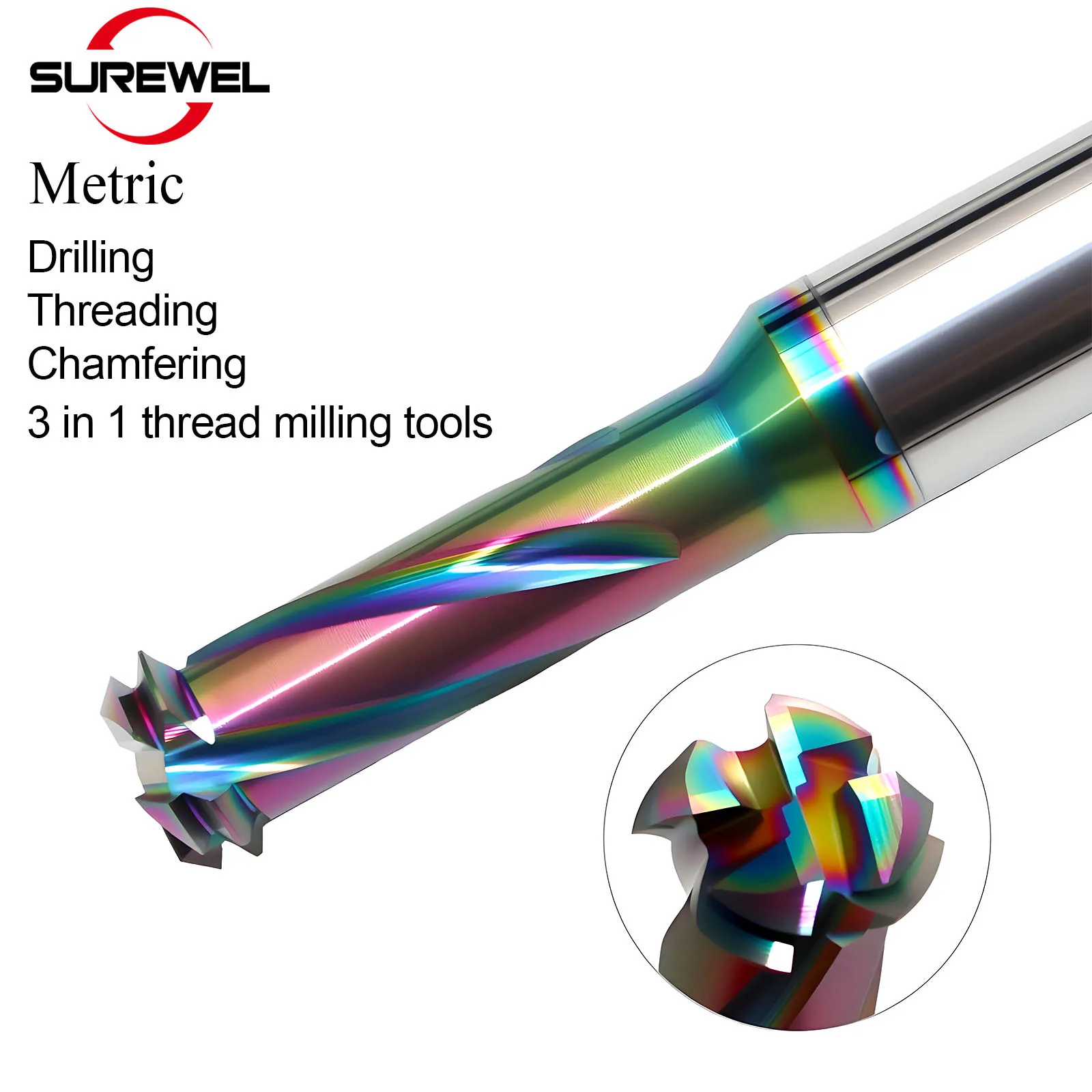 

SUREWEL DLC Multifunctional 3 in 1 thread milling M1.6-M12 Drilling and milling chamfered carbide Metric threading End Mills