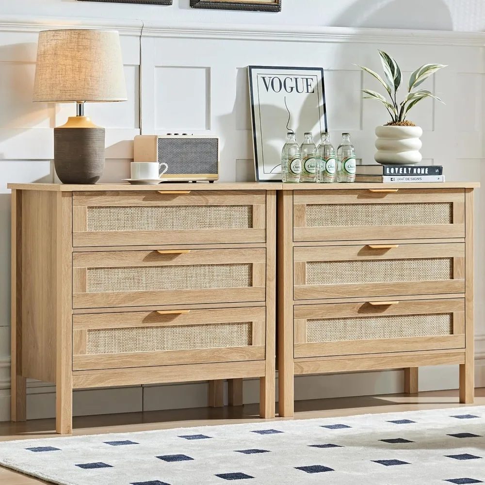 

31.5 Wide Rattan Night Stand Set 2, Large Boho 3 Drawer Nightstand, Natural Wood Bed Side End Tables with Storage, Tall