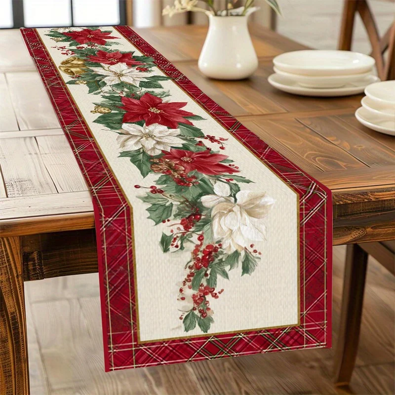Christmas Poinsettia Holly Berry Linen Table Runner Party Decor Winter Xmas Kitchen Dining Table Runner Christmas Decoraitons