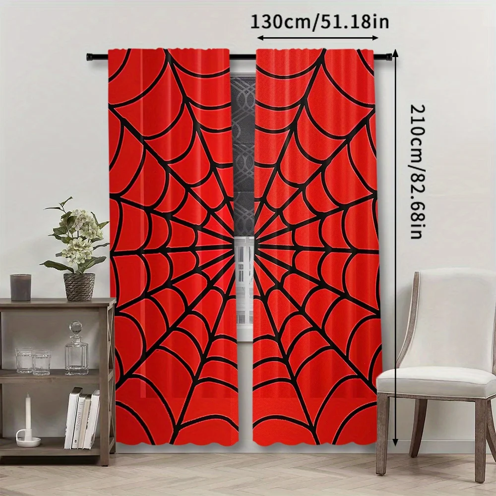 ستائر حمراء على شكل شبكة عنكبوت سوداء مكونة من قطعتين، ستائر نافذة جيب قضيب لغرفة النوم وغرفة المعيشة وديكور المنزل، طراز الهالوين القوطي #4