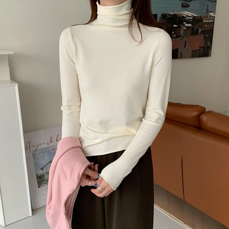 Turtleneck Sweater Women Slim Korean Style Elegant Comfort Candy Colors Jumpers Long Sleeve Basic Knitted Solid Tender Female