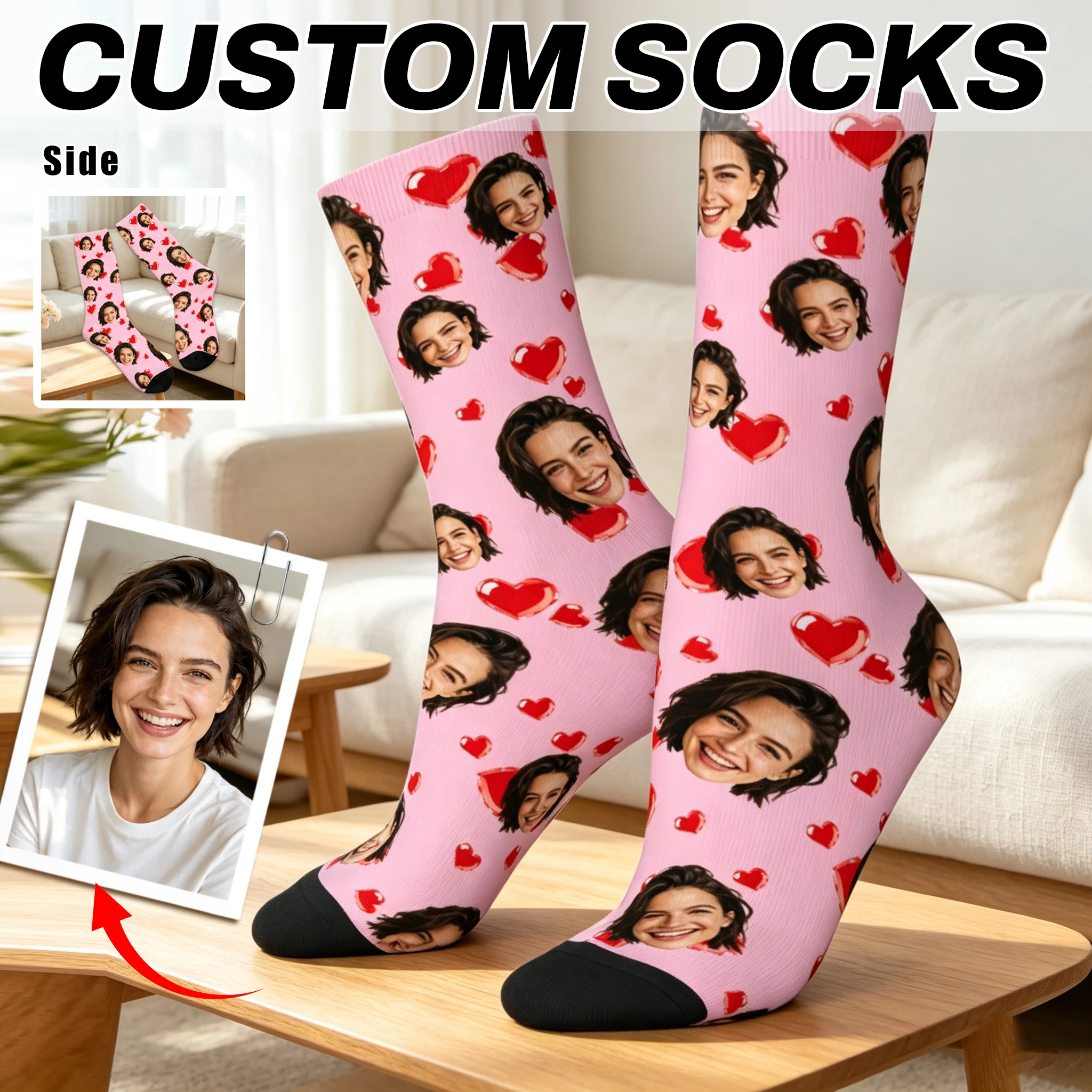Custom Face Photo Socks Personalized Printed Design Anniversary Valentine Birthday Wedding Gift Unique Customizable Footwear