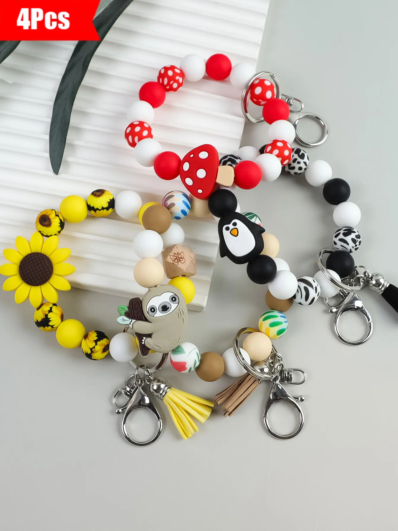 4Pcs-Pastel Nature Beaded Keychains  Soft Silicone Bead Wristlets with Tassels, Cute Accessories for Spring & Summer Outfits