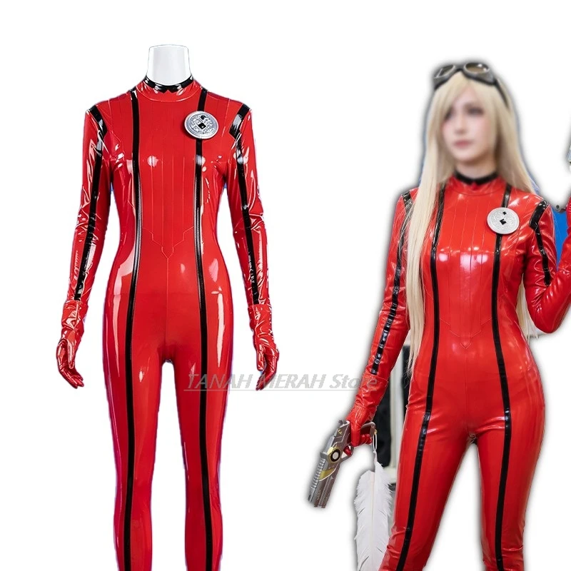 ゲーム「ベヨネッタ」のジャンヌのコスプレ衣装。赤いジャンプスーツ、ウィッグ、ハロウィーン用のセクシーな女性用衣装、レトロなpu素材の制服、装飾品一式。