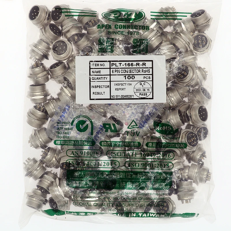 PLT-166-LP-R PLT-166-R-R PAT:182174 APEX Made inTAIWAN 6pin 90°curved Circular Aviation Socket Plug Panel Connector UL RoHS TUV