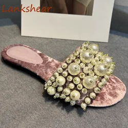 Party Niche Design Summer  Women Slippers Solid Flat Sole Sexy Round Toe Pearl Outwear Runway Show Women Shoes 2024 New Arrivals