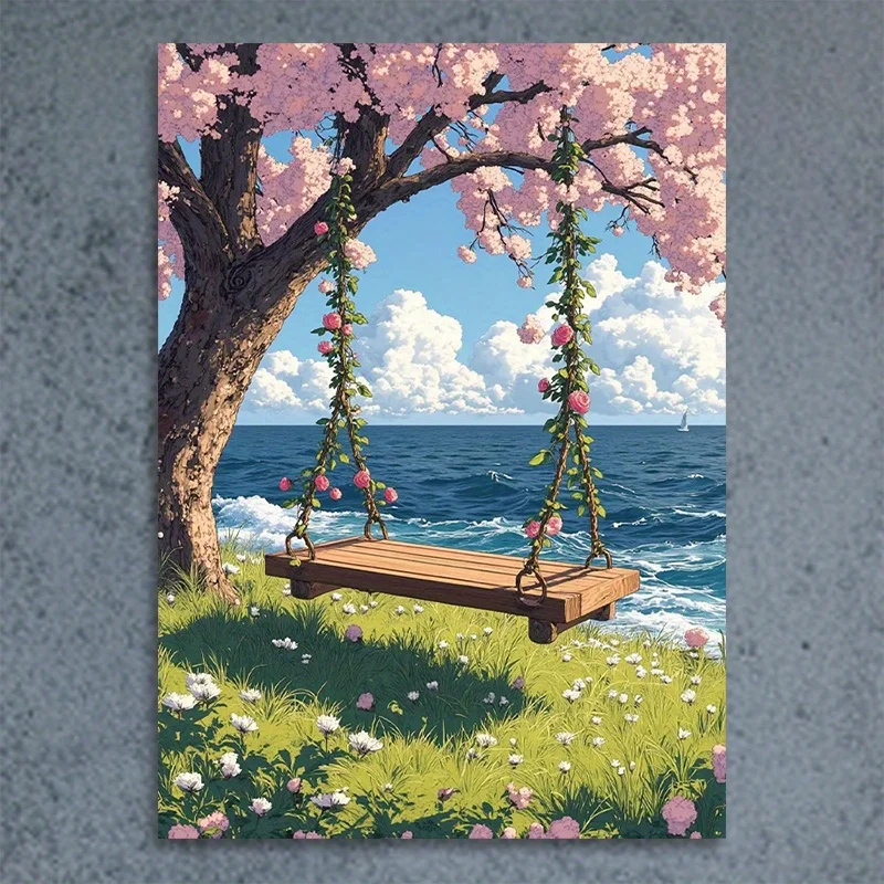 2D Flat, 2D Flat, 1pc Ocean-Themed Cherry Blossom Swing Landscape Artwork, Tranquil Coastal Decor, Canvas Wall Art, Home Deco