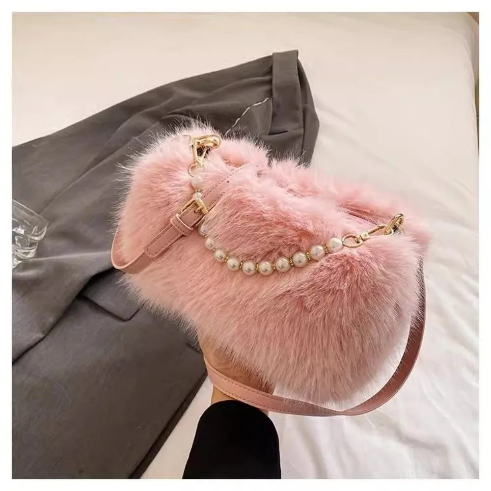 

Fashion Faux Fur Shoulder Bag Soft Solid Color Plush Handbag Zipper Fluffy Crossbody Bag