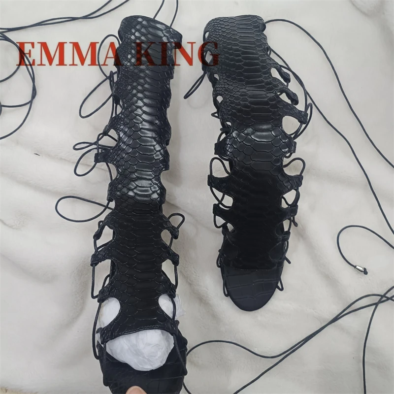Women\'s White Snake Print Sandals, Lace-Up Knee-High Stiletto Heels Gladiator Sandal with Open Toe, Ladies Sexy Stylish Footwear