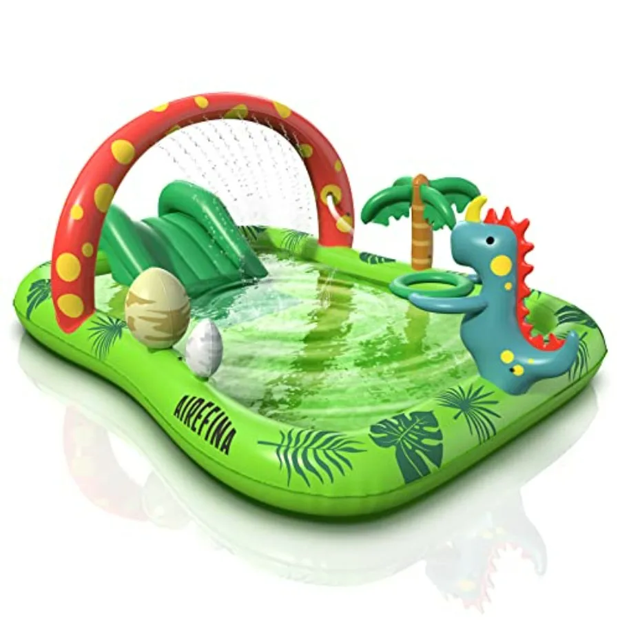 Inflatable Pool for Backyard Garden Water Park, PVC Ultra Thick Blue Dino Planet Play Center with Water Slide Ball Hoop, 97x76x