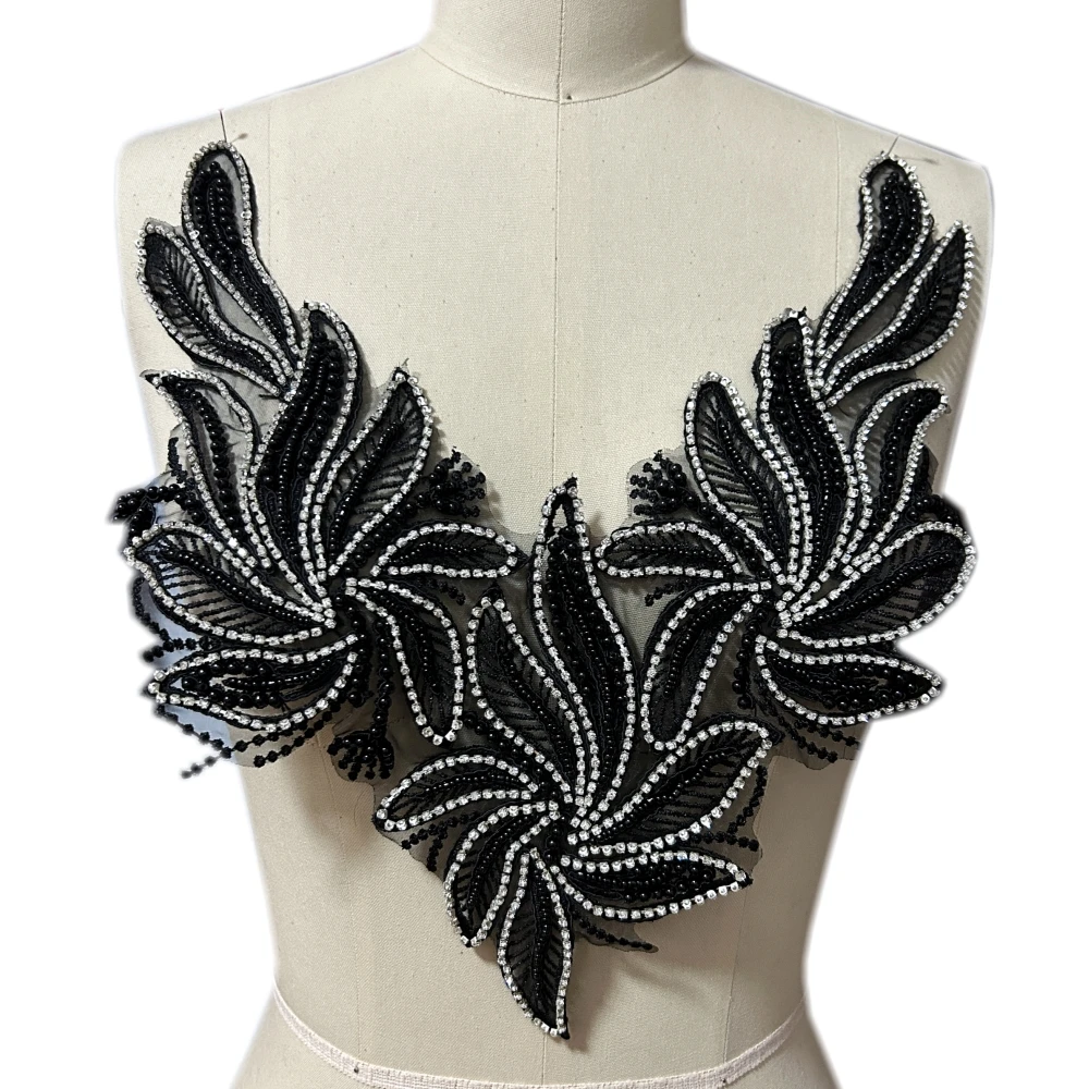 Black Silver Neck Chest Lace Appliques Sewing Ornament Pearl Rhinestones Crystals Patches For Clothes Wedding Designer Diy Gown