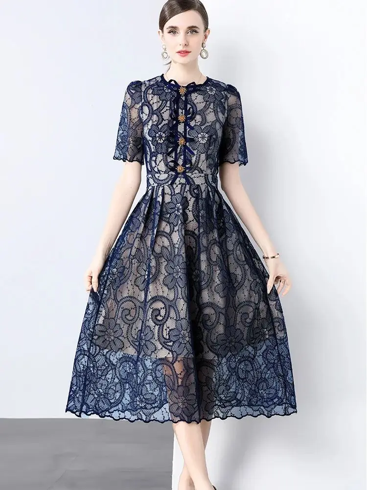 Summer Elegant Short Sleeve Lace Embeoidery Flower Party Dresses for Women