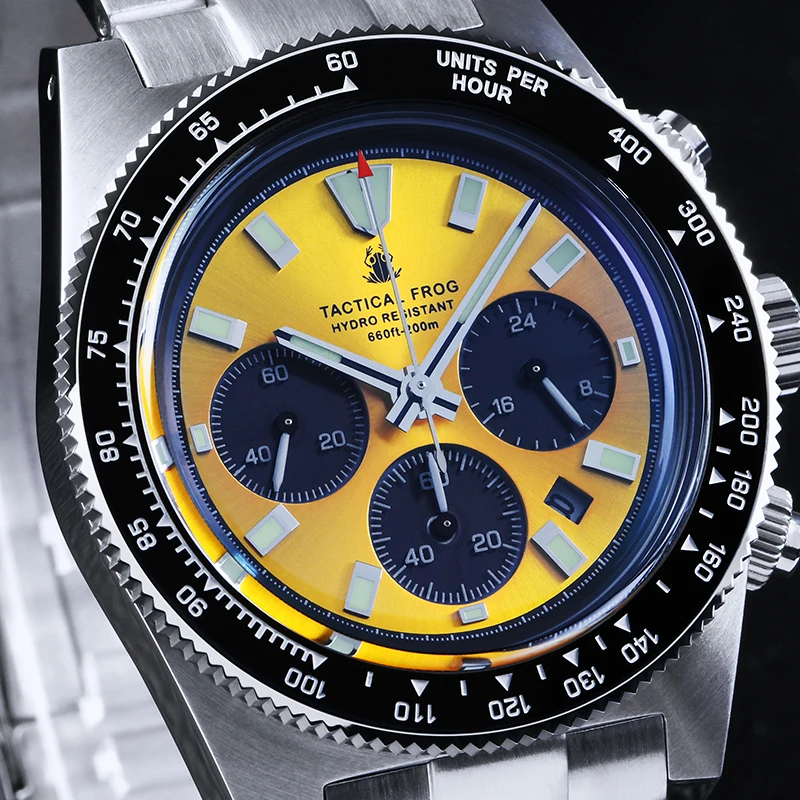 التكتيكية الضفدع ساعة كرونوغراف رجالية TF004 حركة الكوارتز الشمسية مقاوم للماء تاريخ الياقوت كريستال C3 مضيئة كوارتز ساعة اليد